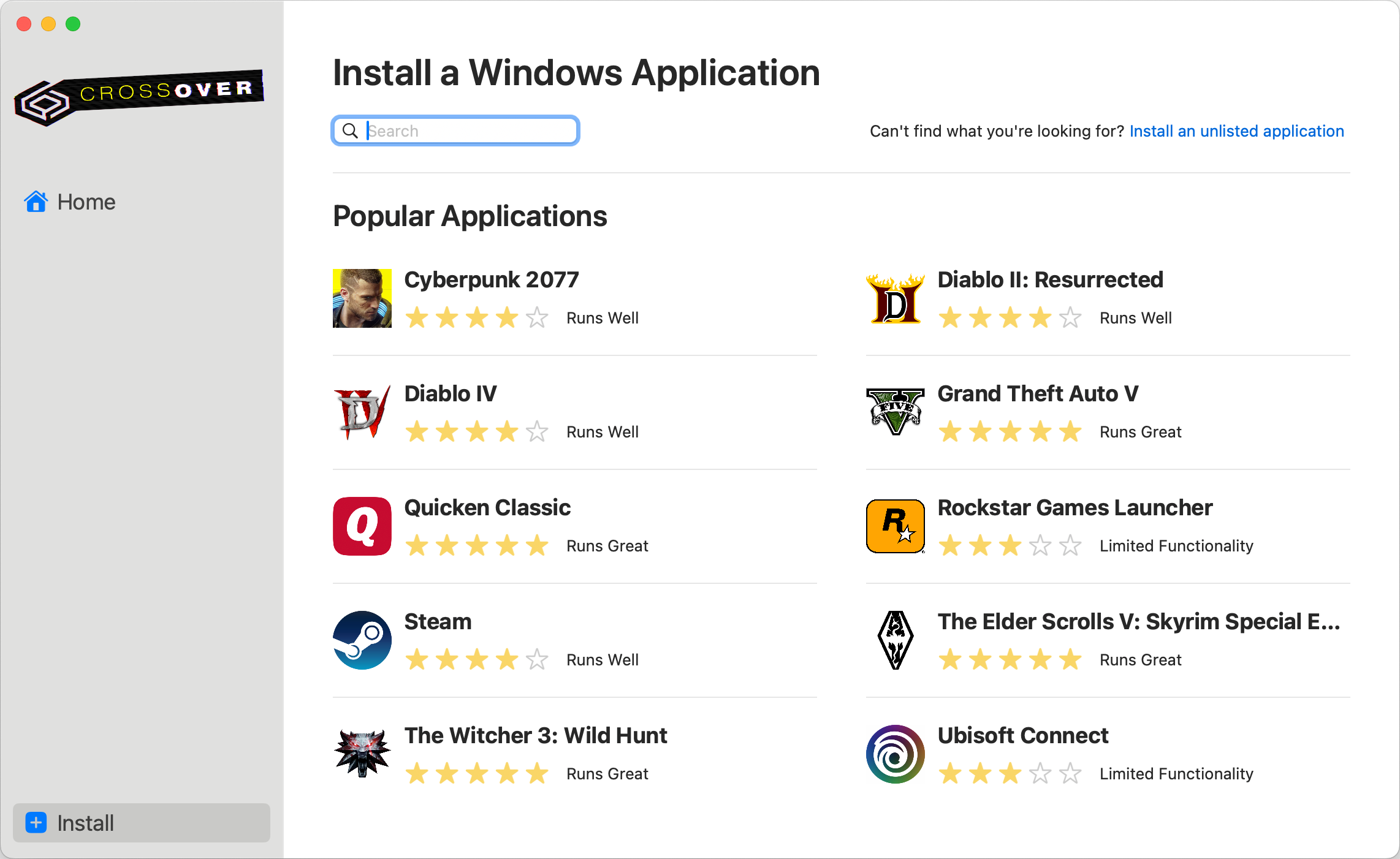 CrossOver installation interface with a search field and Steam in Popular Applications