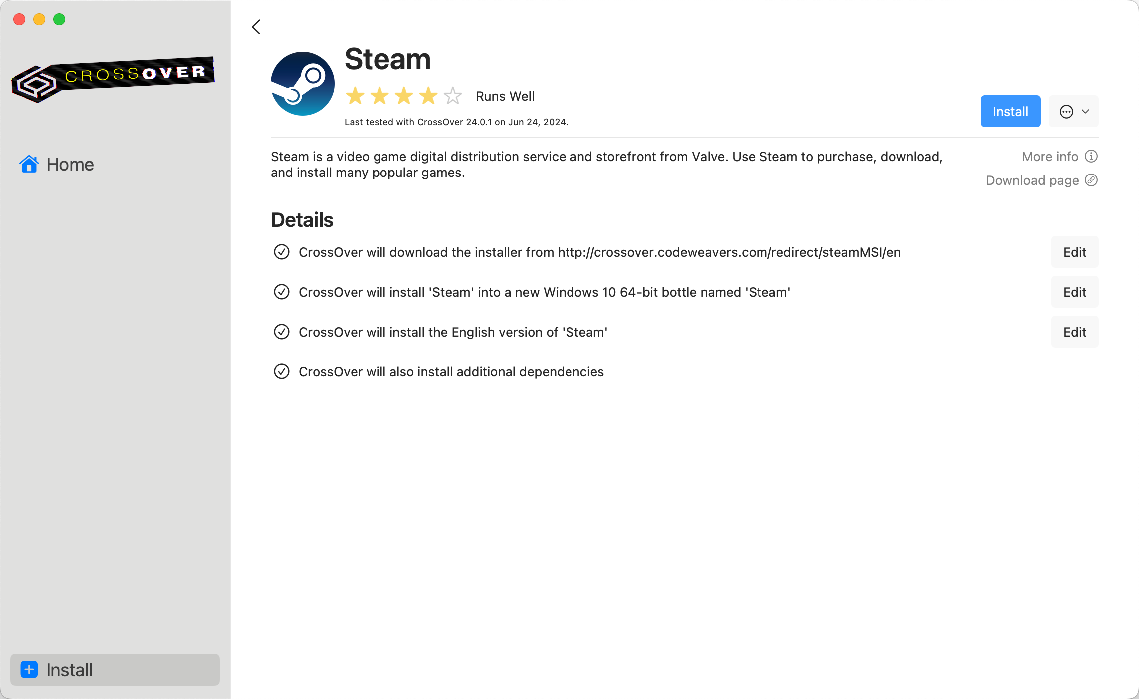CrossOver Steam installation recipe with its recommended configuration and Install button